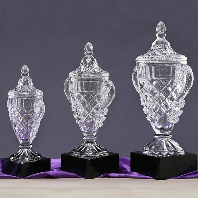 Black pedestal crystal trophy, 3D cup shape crystal trophy apply to enterprise souvenir