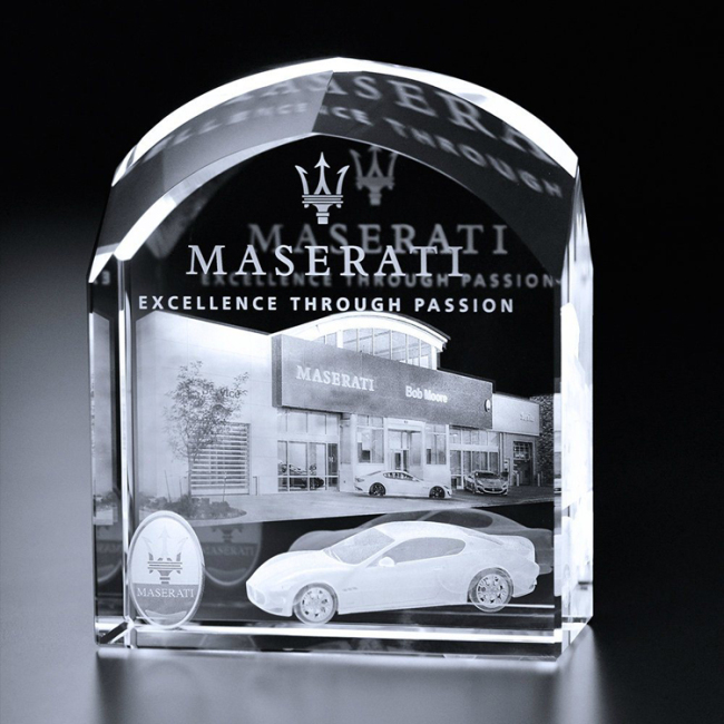 High quality crystal trophy awards for 3D laser engraving for arch car dealership barrington award