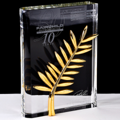 Wholesale promotion gold leaf metal trophy / glass block trophy awards for business gift