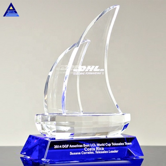 Fine Quality Custom Blue Faceted Crystal Sailboat Leadership Award