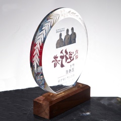 K9 Verre Clair Cristal Récompense Forme Ronde En Bois Blanc Trophée Souvenir Cadeaux Cristal Bouclier Plaque