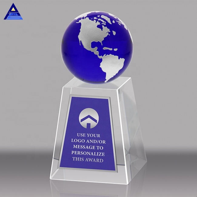 Custom Crystal Blue Accented Global Wedge Globe Trophies And Awards