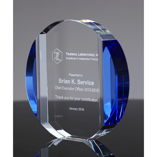 Trofeos de vidrio transparente premium Forma en blanco Premio de círculo deportivo de cristal azul claro