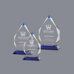 Premio de trofeo redondo transparente de forma diferente de cristal azul para decoración del hogar