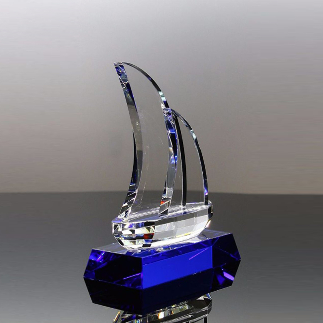 Trophy Cup Glass Trophies Sport Award Block 3D Cube Blue Crystal Awards
