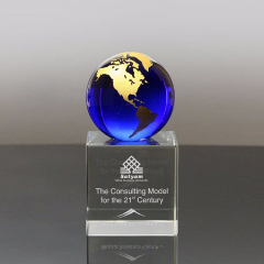 Soporte mundial de cristal sobre base de cubo grabada Pisapapeles óptico Tierra Globo de cristal azul