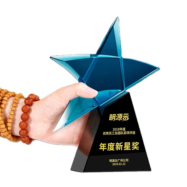 Personalized Blue Color Crystal Star Trophy Crystal Plaque Award