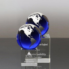 Soporte mundial de cristal sobre base de cubo grabada Pisapapeles óptico Tierra Globo de cristal azul