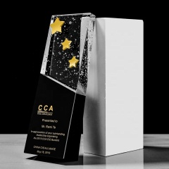 Trofeo de cristal de nuevo diseño 2021, bloque de cristal de estrella dorada, placa en blanco, trofeo de cristal de burbuja negra