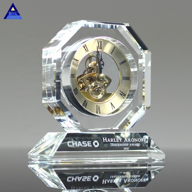 Reloj de cristal grabado ejecutivo de encargo del reloj del escritorio de la tabla del regalo de la publicidad con el logotipo