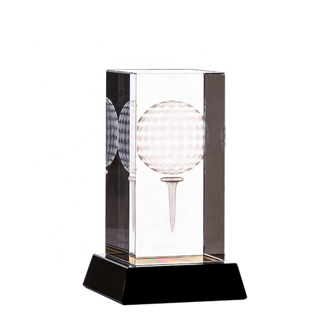3D Laser Engraving Glass Block Glory Crystal Award Trophy With Golf Ball