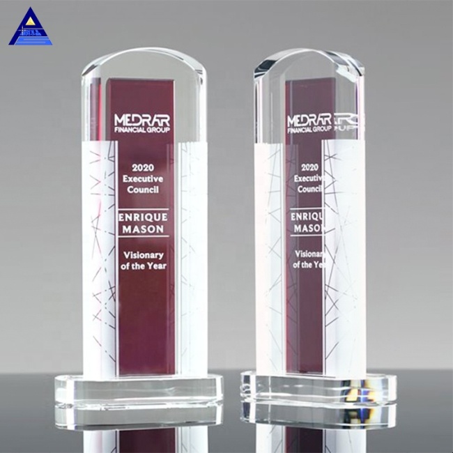 High Quality Cheap Custom Ambient Clear And Personalized Engraving Red Crystal Award Trophy With Base