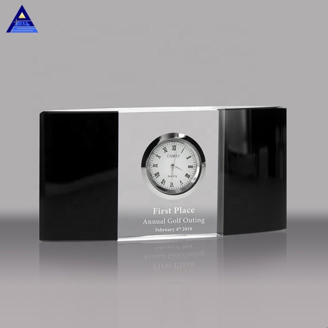Custom Design 3D Laser Engraved Rectangle Shape Crystal Clock For Decoration And Wedding Gift
