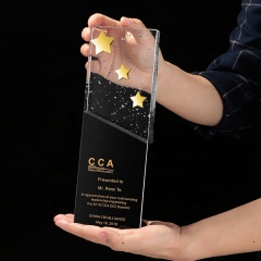 Trofeo de cristal de nuevo diseño 2021, bloque de cristal de estrella dorada, placa en blanco, trofeo de cristal de burbuja negra