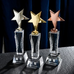 Premio de placa de cristal Ice Peak Trofeo de cristal de estrella de oro, plata y cobre con bloque de llama