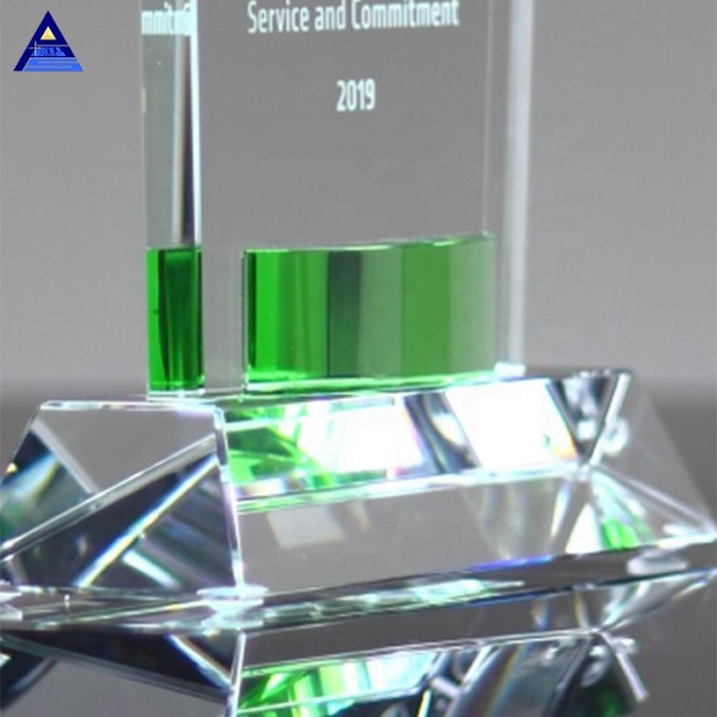 Engraved Logo Clear Green Gem Wave Crystal Trophy for Success Honor Awards