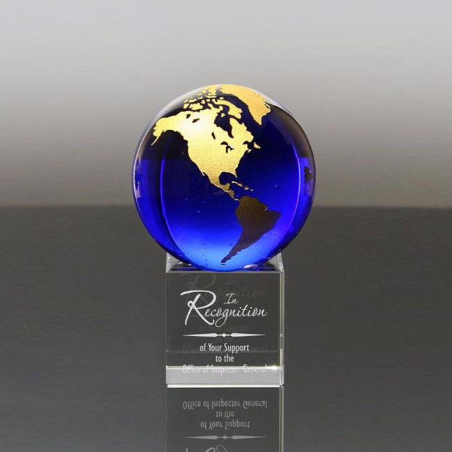Glass World Stand On Engraved Cube Base Optical Paperweight Earth Blue Crystal Globe