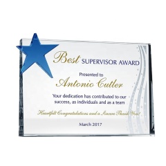 placa de premio de cristal de trofeo de estrella azul de bloque en blanco de diseño clásico de alta calidad