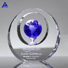 Venta al por mayor decoración del hogar círculo azul placa premio trofeo cristal mundo globo terráqueo