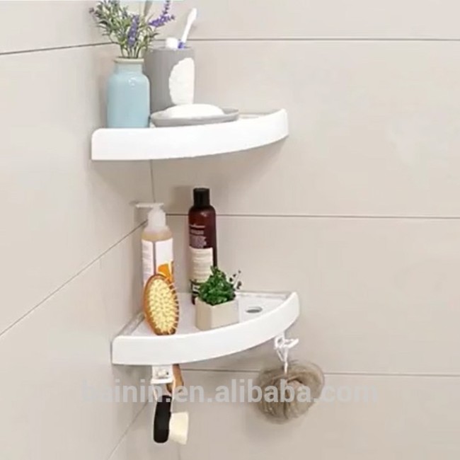 White Color Shower Storage Shelves Rack Plastic Suction Bathroom Wall Corner Shelf