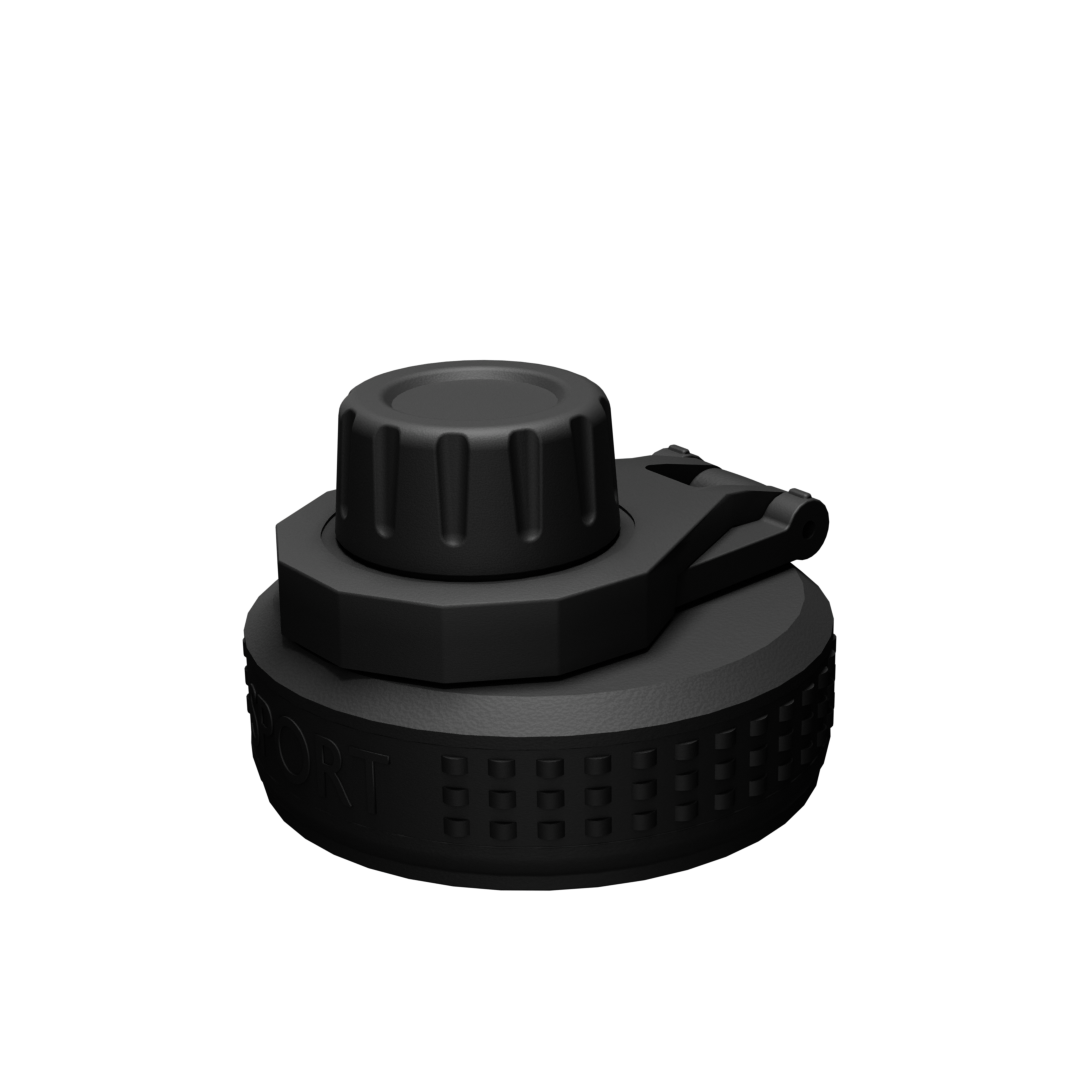 Twist-to-drink spout, foldable handle for easy carry, textured anti-slip design with "SPORT" printing.